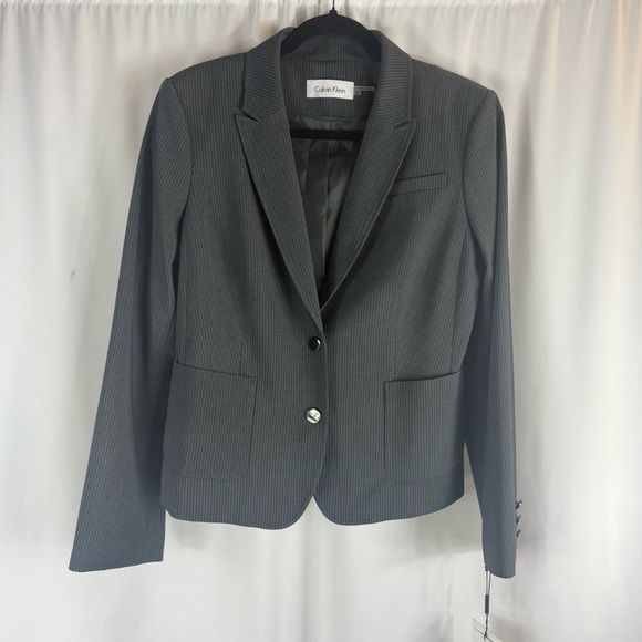 NWT Calvin Klein Women Gray striped 3 button Carrier Blazer Size: 10 - Picture 1 of 16